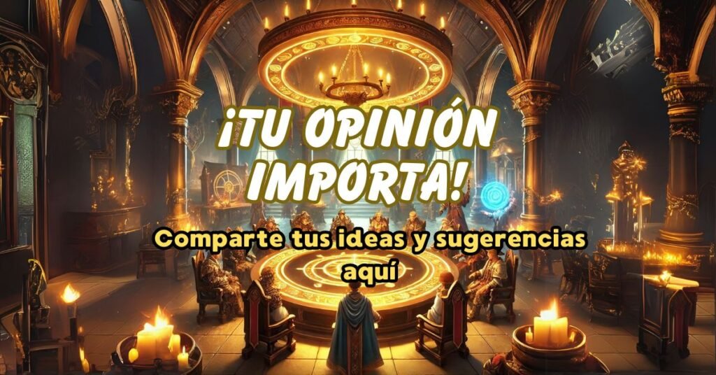 Imagen del foro Feedback y Sugerencias con el texto 'Tu Opinión Importa' en un ambiente medieval fantástico, con una mesa redonda iluminada mágicamente.