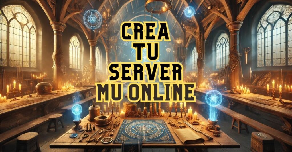 Imagen destacada para el foro 'Guías y Recursos para Crear Tu Server Mu Online', mostrando un taller medieval lleno de herramientas mágicas, pergaminos y un ambiente iluminado por velas. En el centro, el texto 'Crea Tu Server Mu Online' está claramente destacado con letras de estilo épico y contornos dorados, ideal para resaltar el enfoque creativo y técnico del foro.