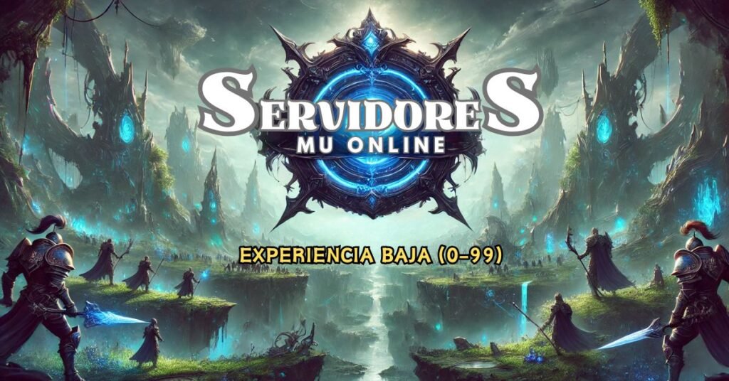 Imagen destacada para el foro 'Servidores Mu Online Experiencia Baja (0-99)', mostrando un paisaje fantástico con un diseño medieval y épico, acompañado del texto 'Servidores Mu Online' y 'Experiencia Baja (0-99)'. Perfecta para representar servidores con progreso lento y desafiante.